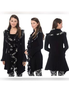 Joseph Ribkoff black ruffle faux fur trim duster cardigan Sz 6 open front